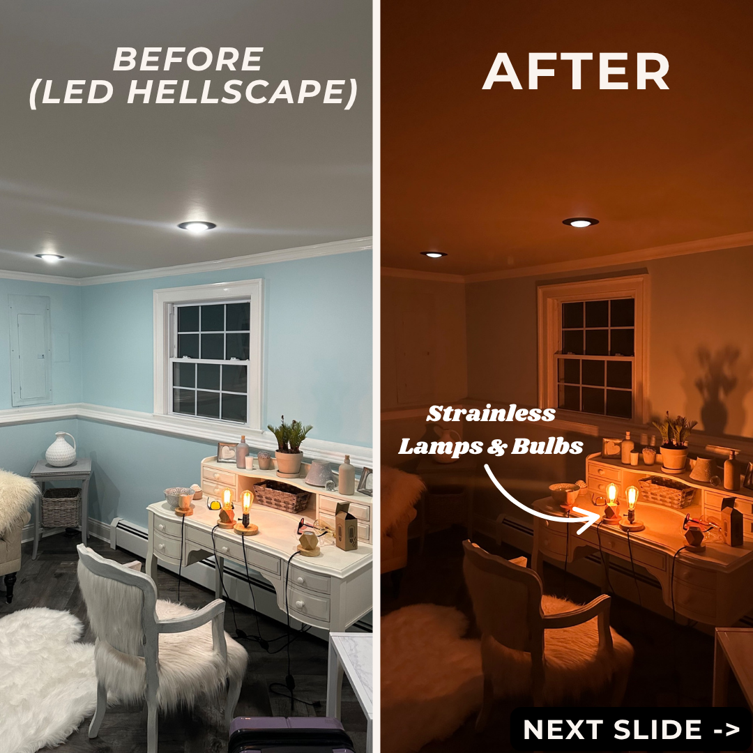 Before and after comparison of a room with white LED lighting compared to Strainless Lamps and Strainless Incandescent Bulbs.