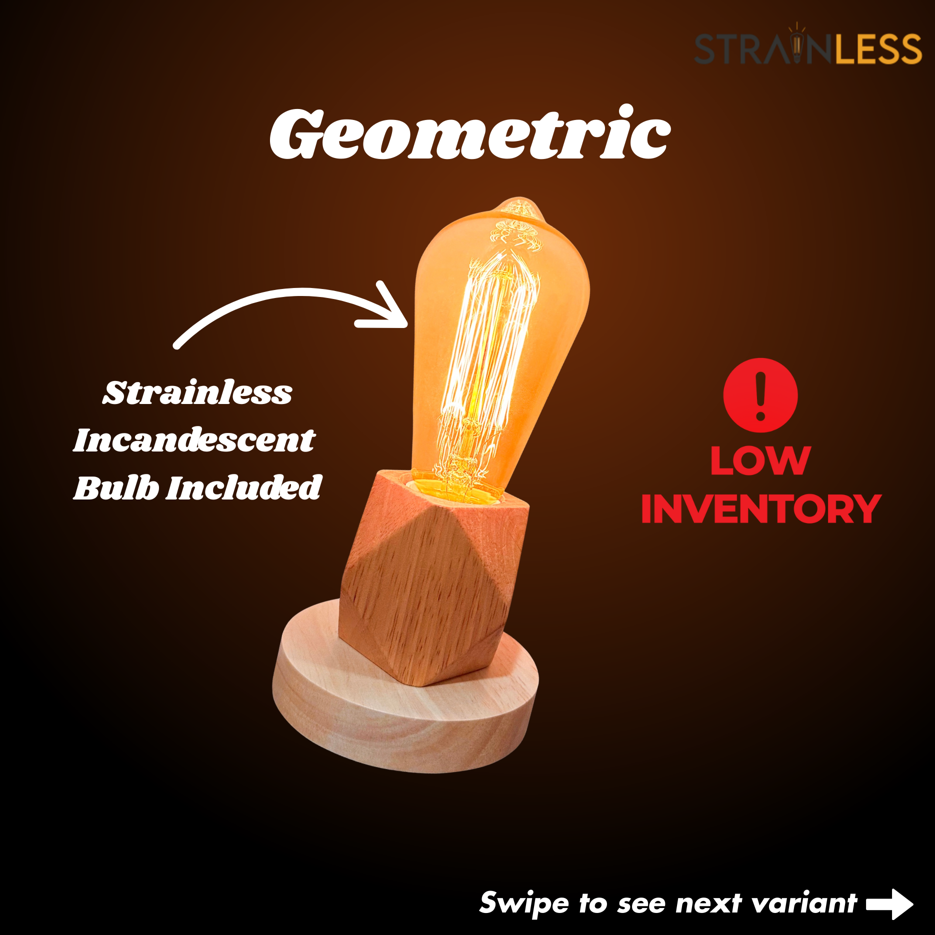 Strainless Geometric wooden lamp with Strainless Incandescent light bulb   included on a dark background