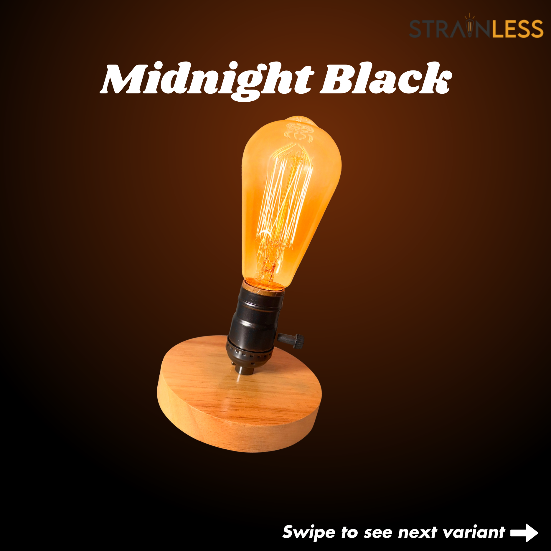 Strainless midnight black wooden lamp with Strainless Incandescent light bulb   included on a dark background